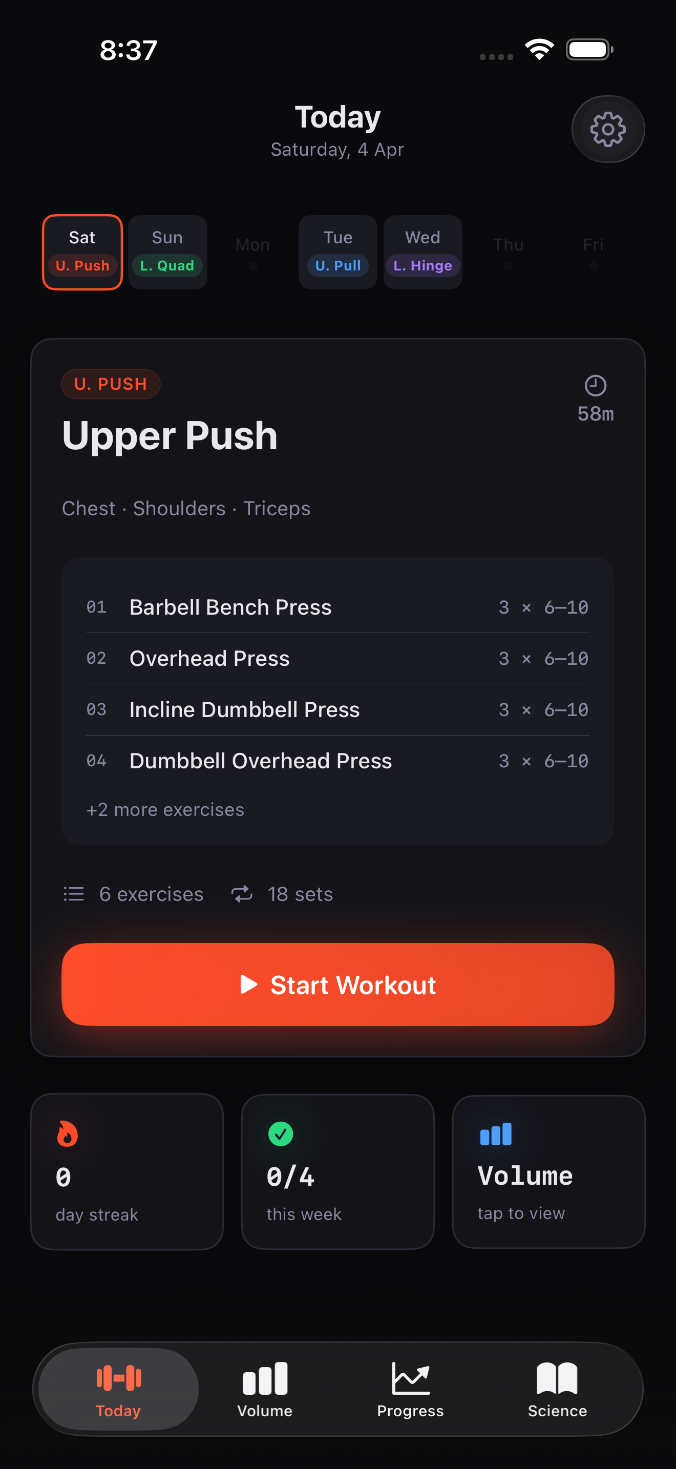 Jeema dashboard showing today's workout